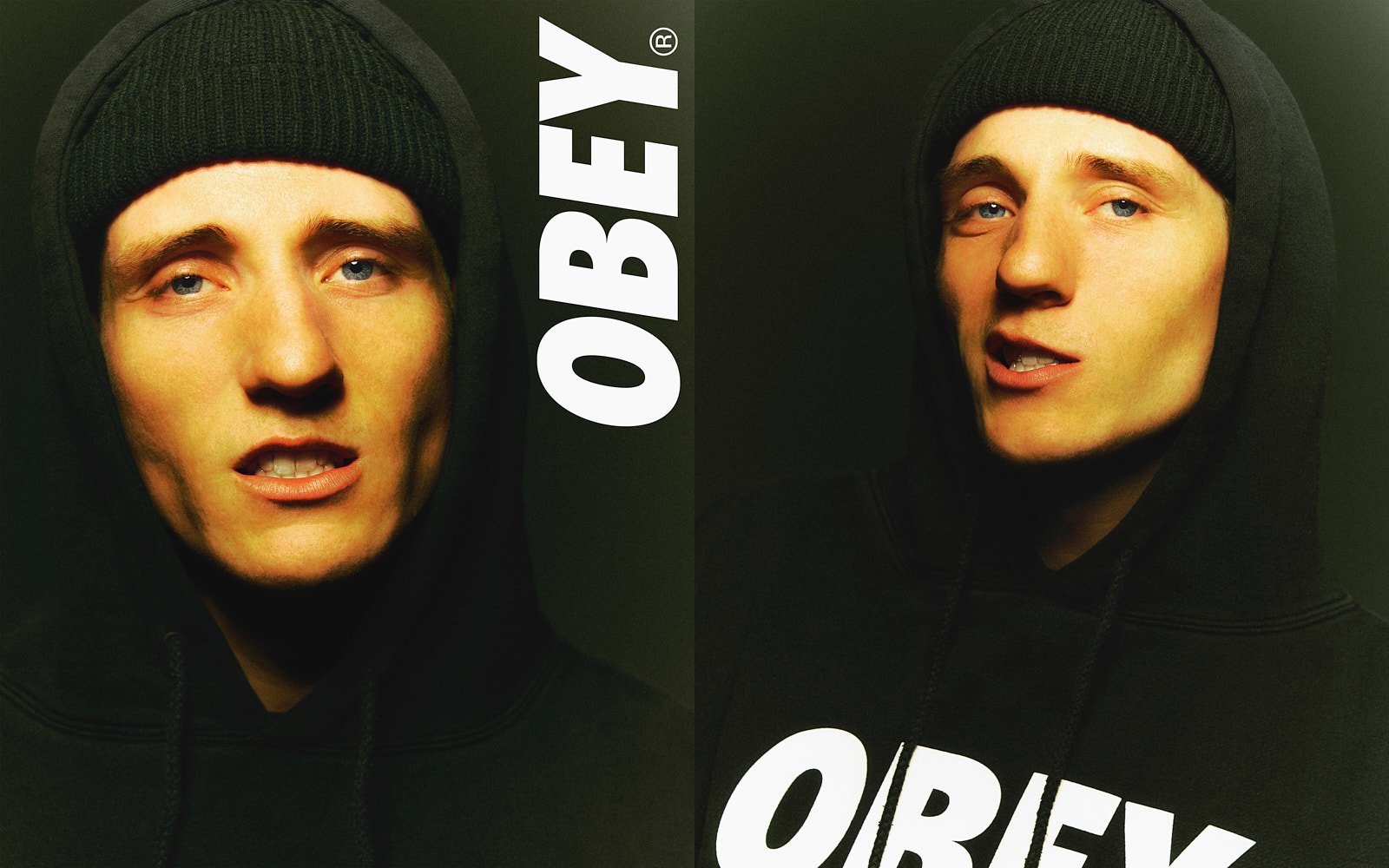 Zwei Porträts im Obey-Hoodie vor grünem Hintergrund
